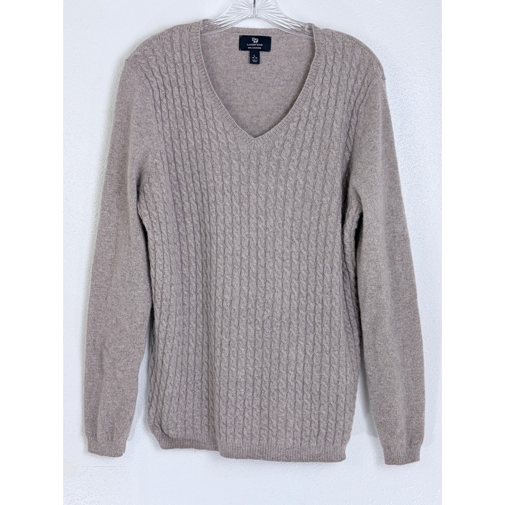 Heather Brown Cashmere Cable Knit V-Neck Sweater Taupe Lands' End L 14-16